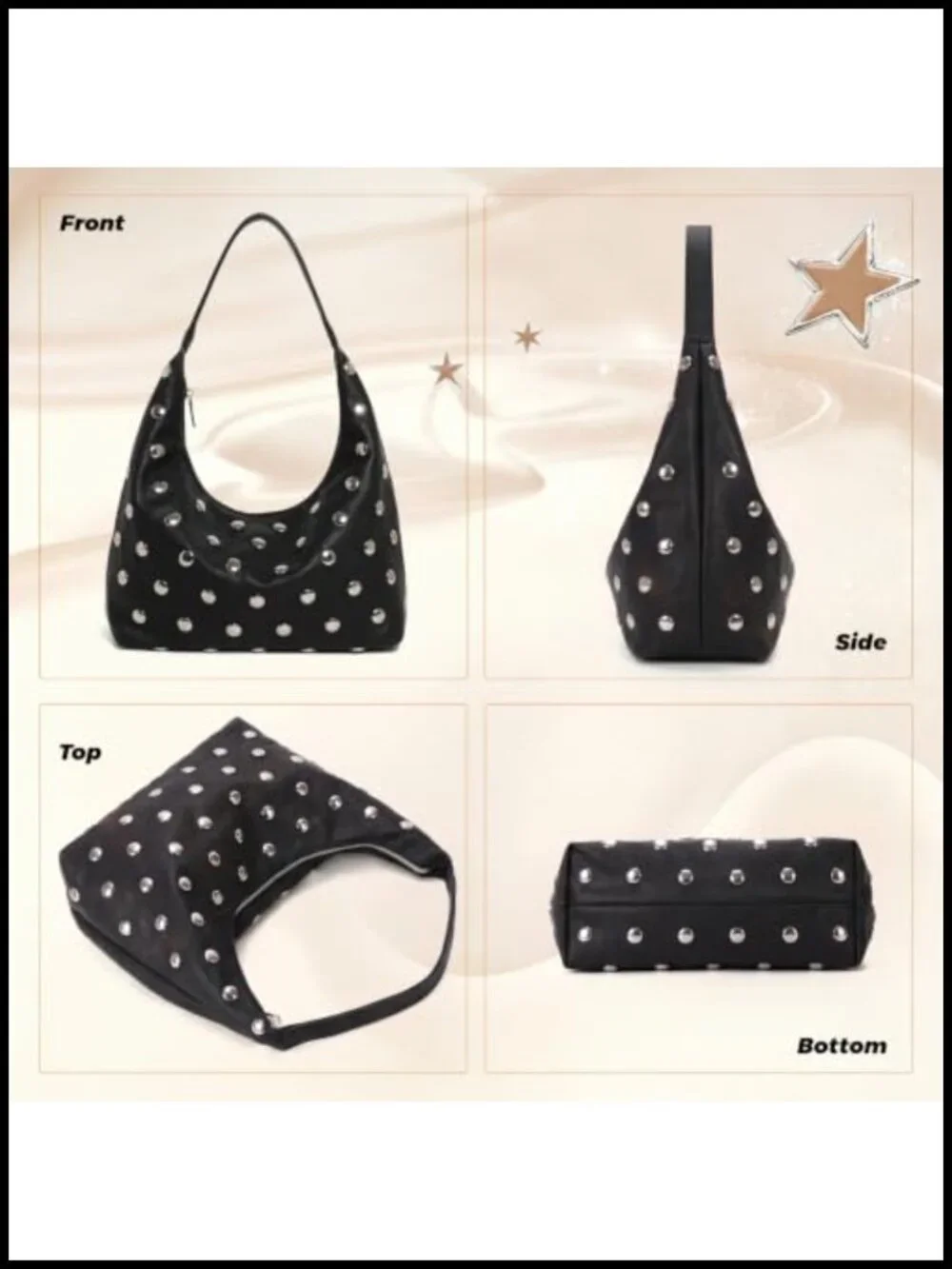 Studded Hobo Bag for Women Slouchy Shoulder Purse PU Leather